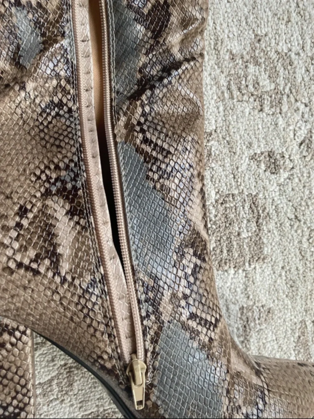Snake-Print Over-the-Knee Boots in Taupe Brown